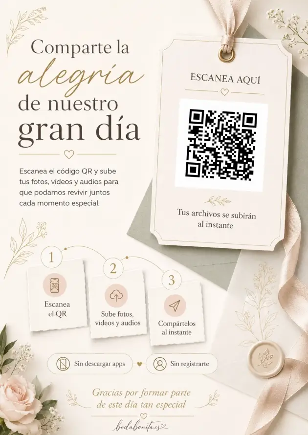 Diseño premium de cartel con QR para las fotos de boda de los invitados
