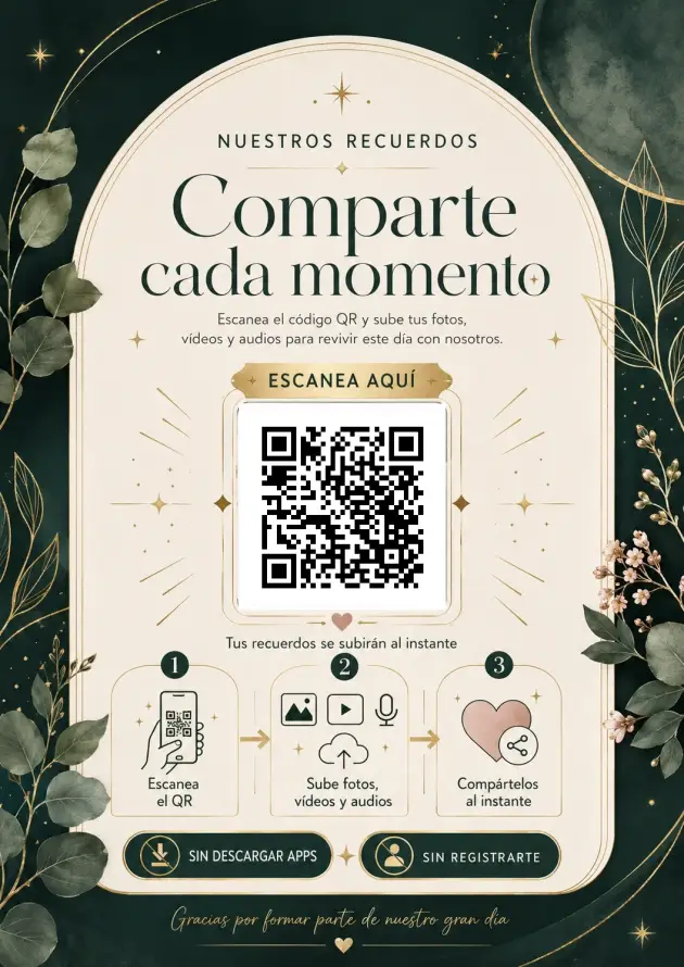 Cartel elegante con código QR para que los invitados suban sus fotos de boda