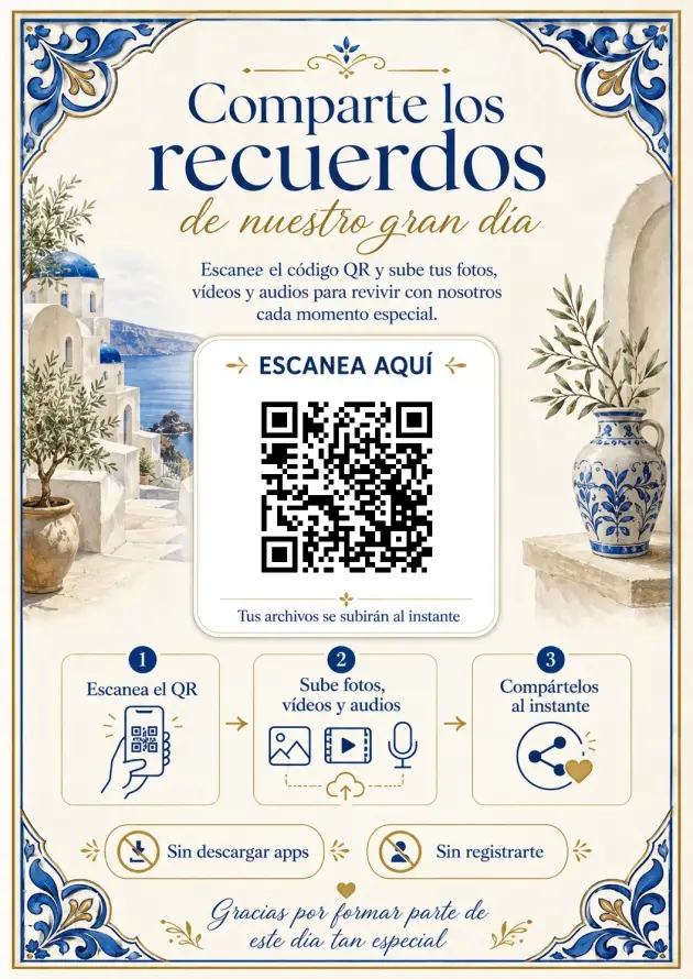 Plantilla de cartel con QR para compartir las fotos de la boda sin apps