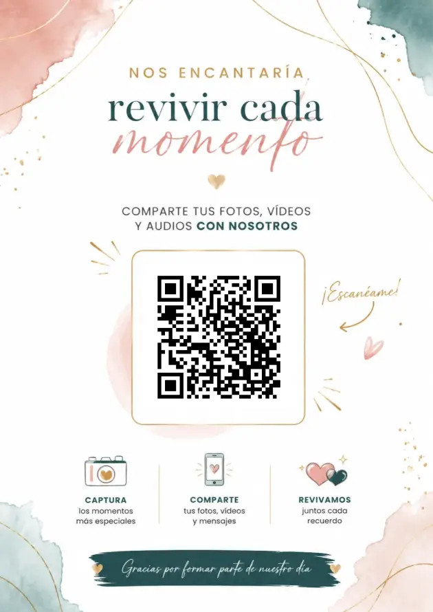 Cartel de mesa con código QR del Revelado de fotos de boda
