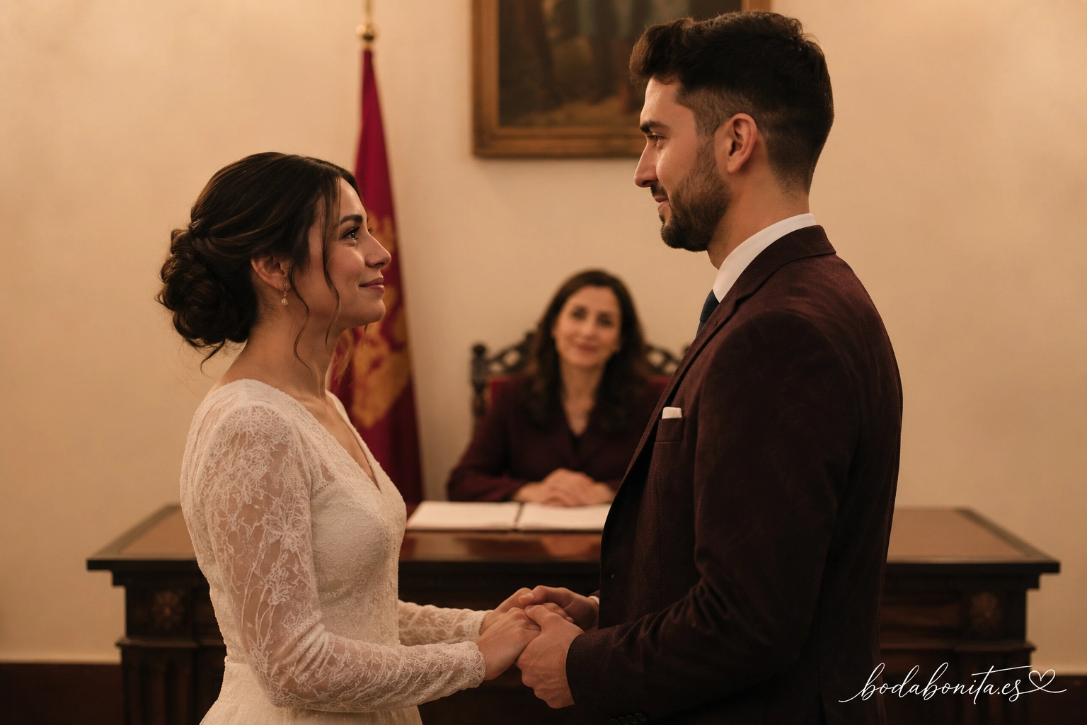 pareja dándose el sí quiero en una boda civil ante el oficiante en el ayuntamiento