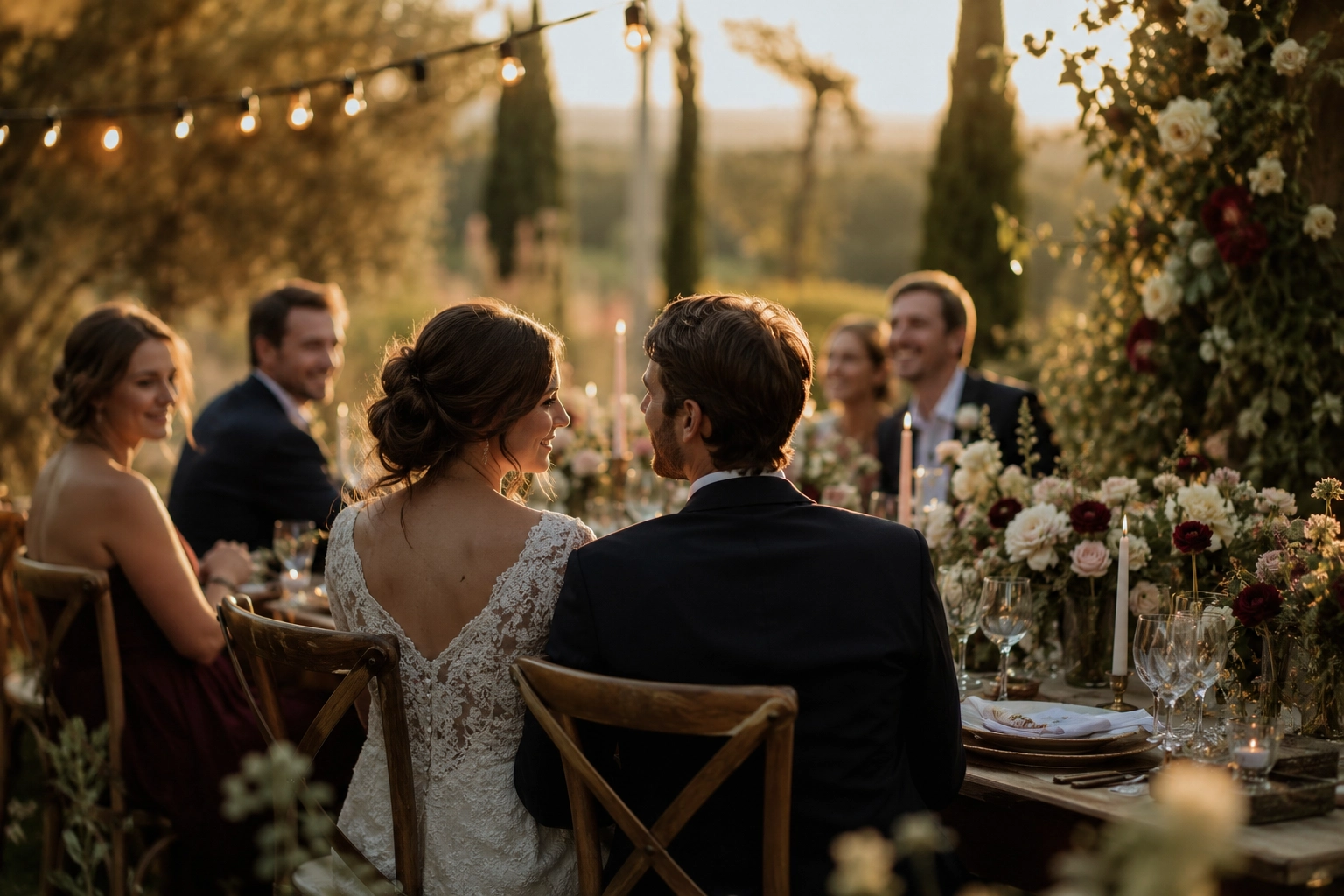 mesa de banquete decorada para una boda pequeña e íntima al aire libre