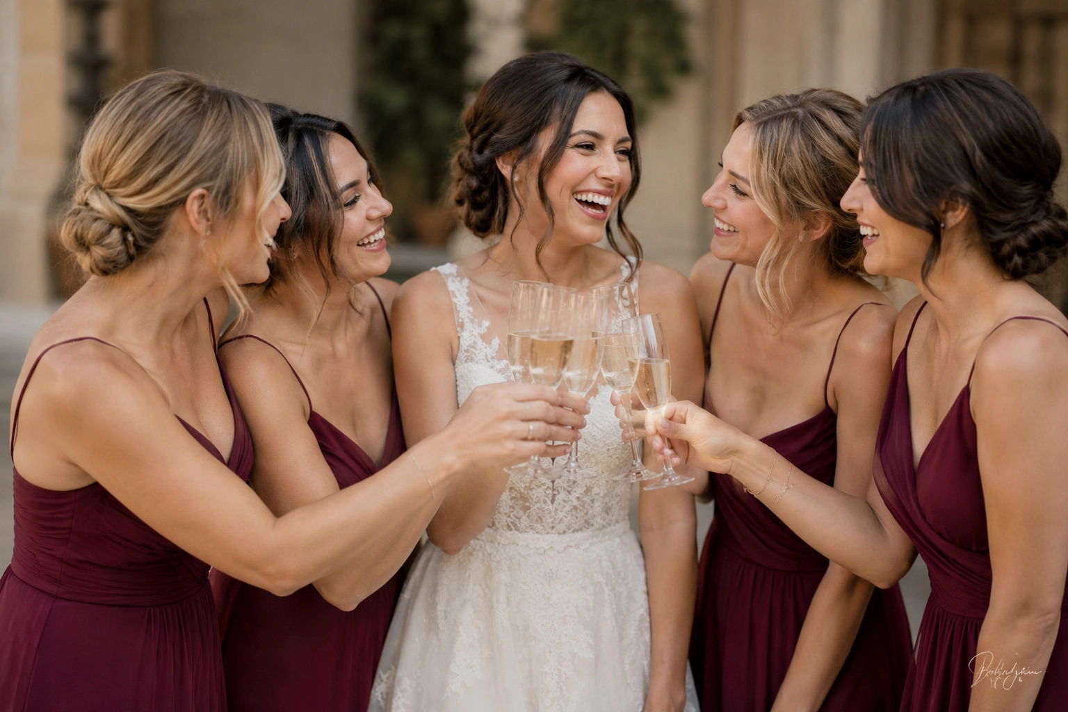 novia brindando con copas junto a sus damas de honor entre risas