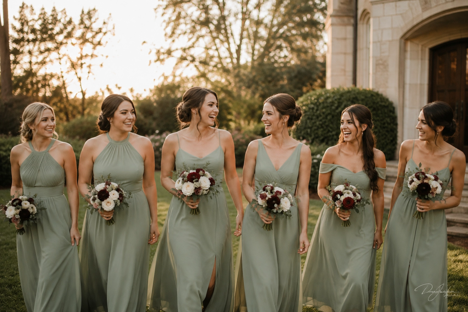 grupo de damas de honor con vestidos a juego caminando y riendo al aire libre en la boda