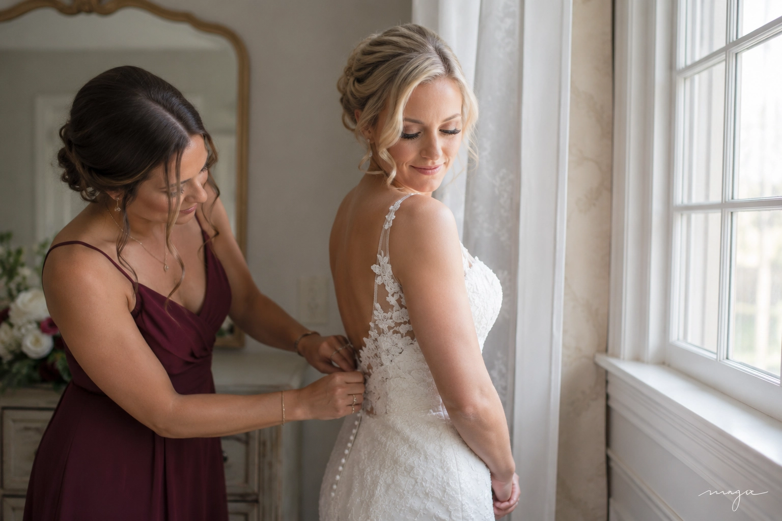 dama de honor abrochando el vestido de la novia junto a la ventana el día de la boda