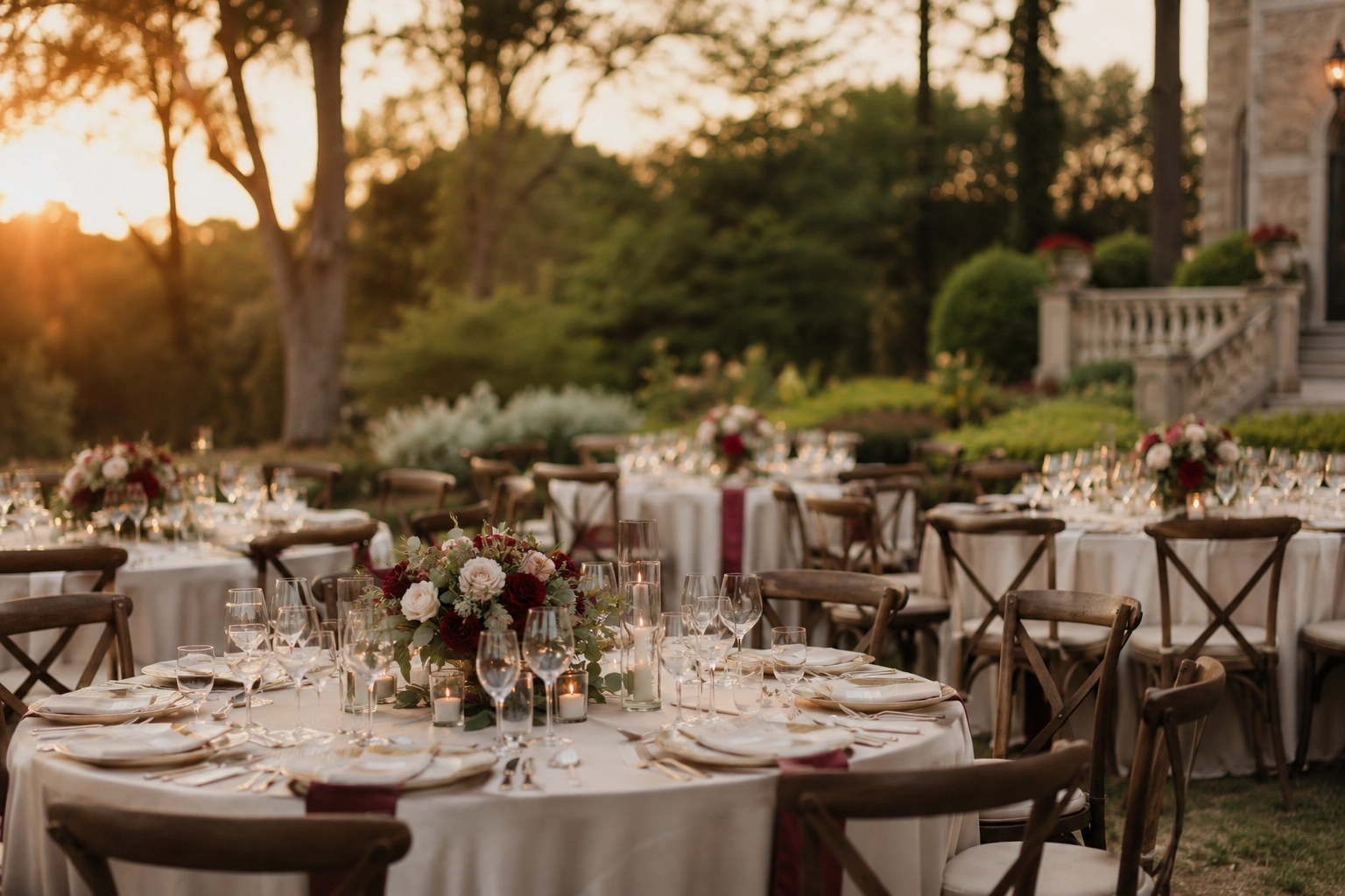 finca de bodas con las mesas del banquete montadas y decoradas al atardecer