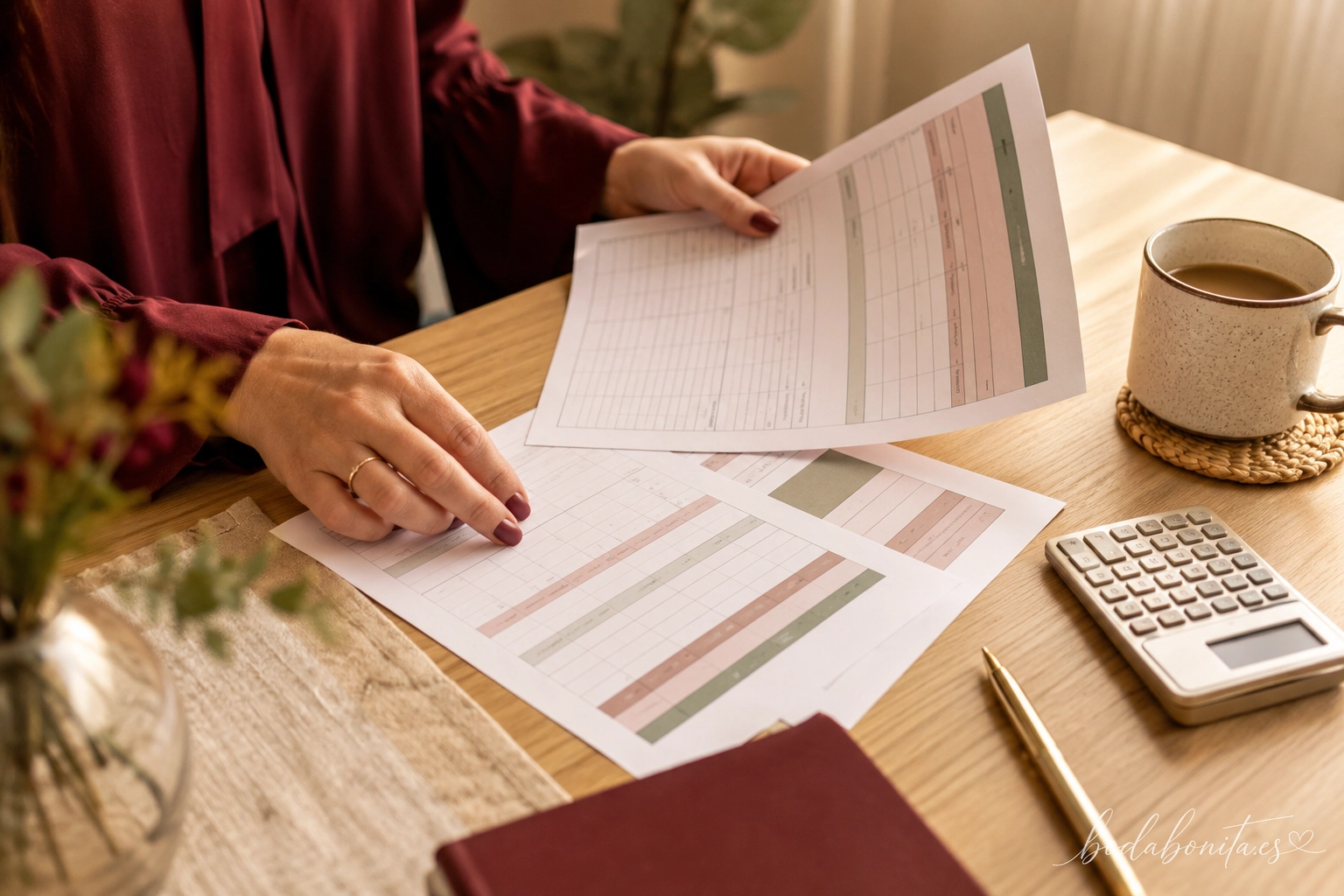 novia comparando varios presupuestos de fotomatón para su boda con una calculadora