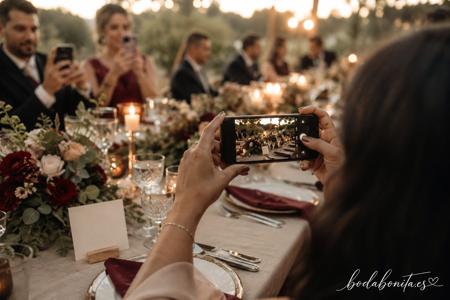invitados de una boda fotografiando el banquete con sus móviles desde la mesa