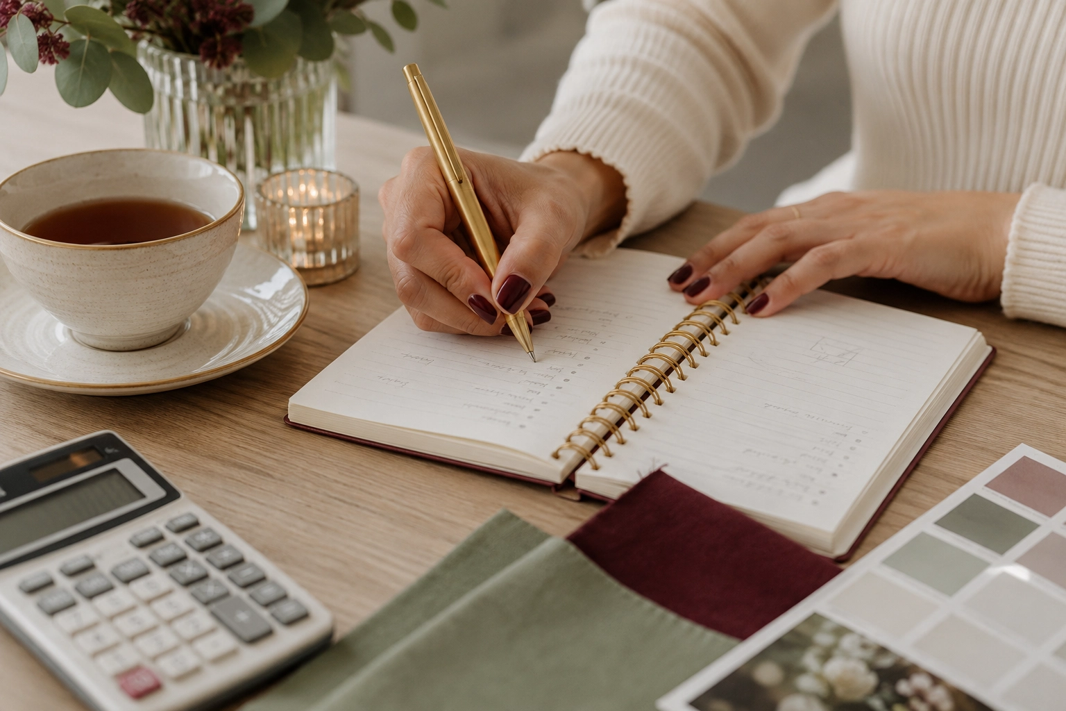 manos de una novia escribiendo el presupuesto y la lista de invitados de su boda en un cuaderno