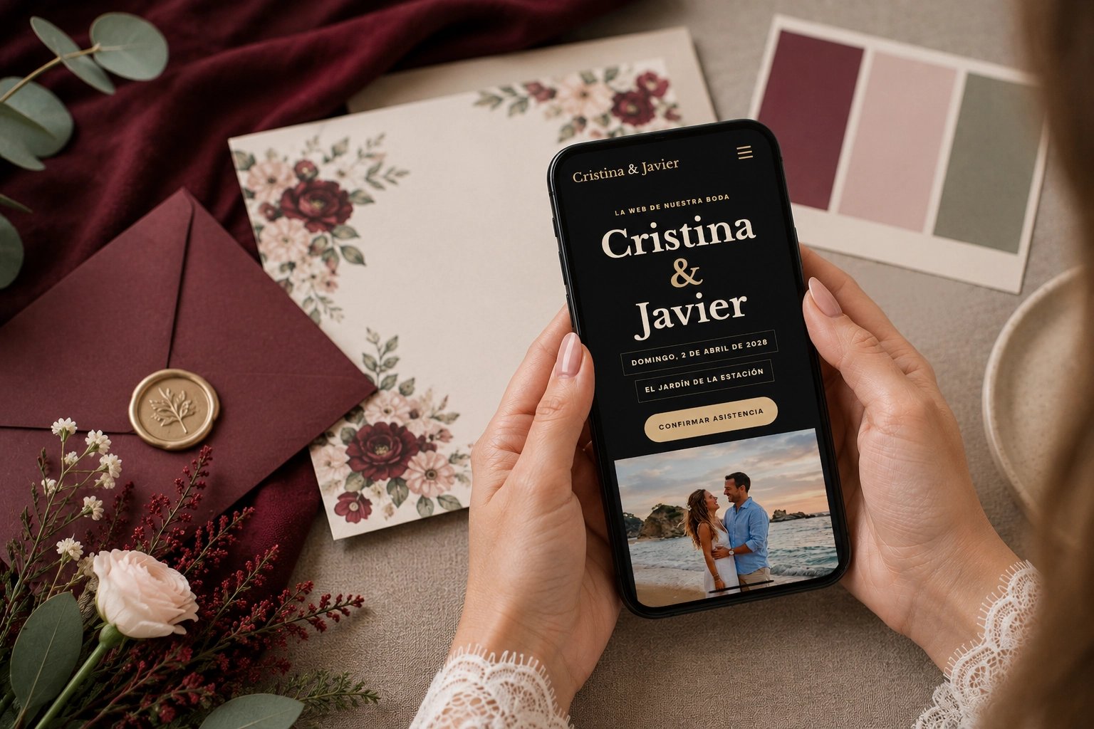 novia confirmando invitados desde la web de su boda en el móvil junto a invitaciones de papel