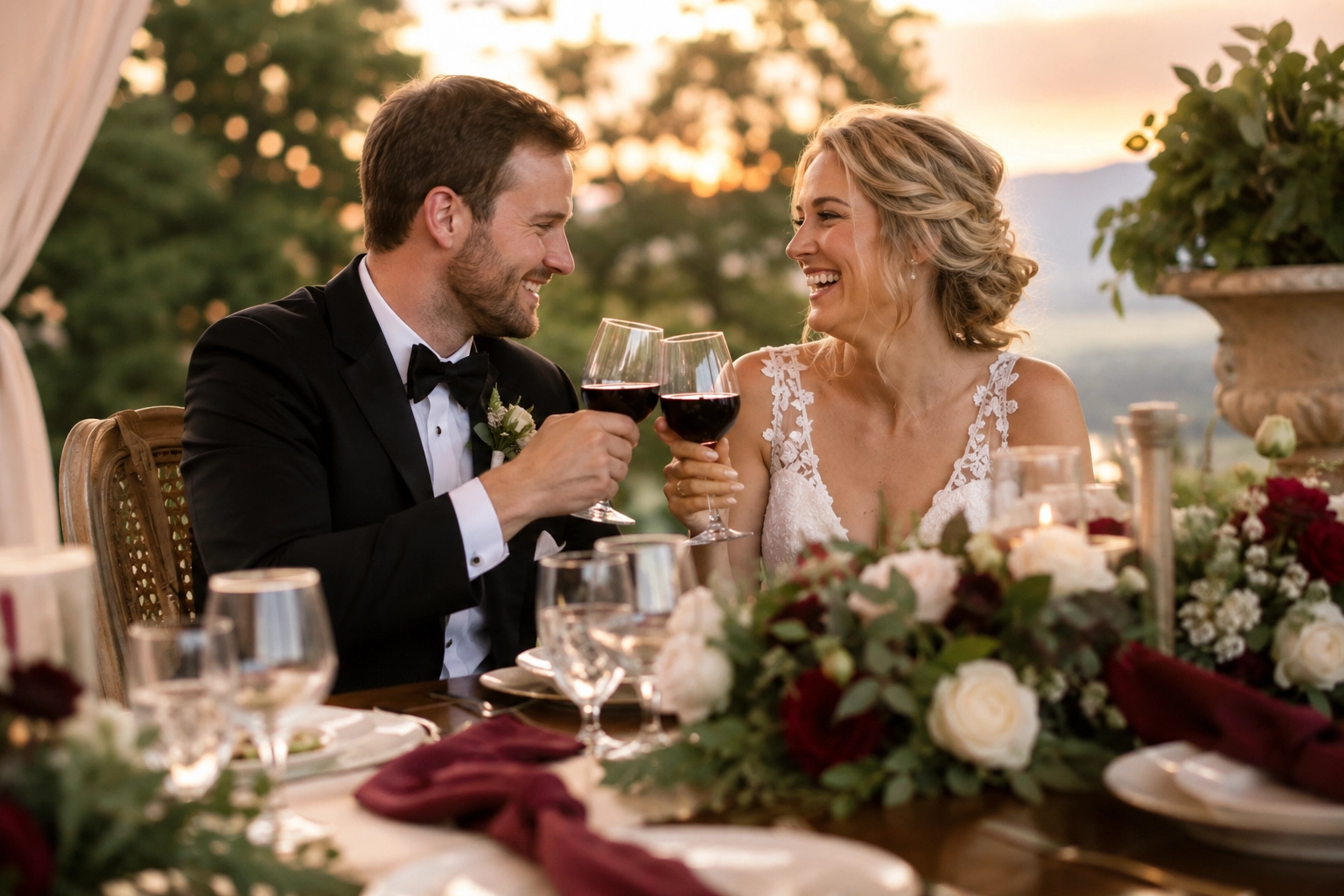 novios brindando y riendo relajados en el banquete de su boda al atardecer