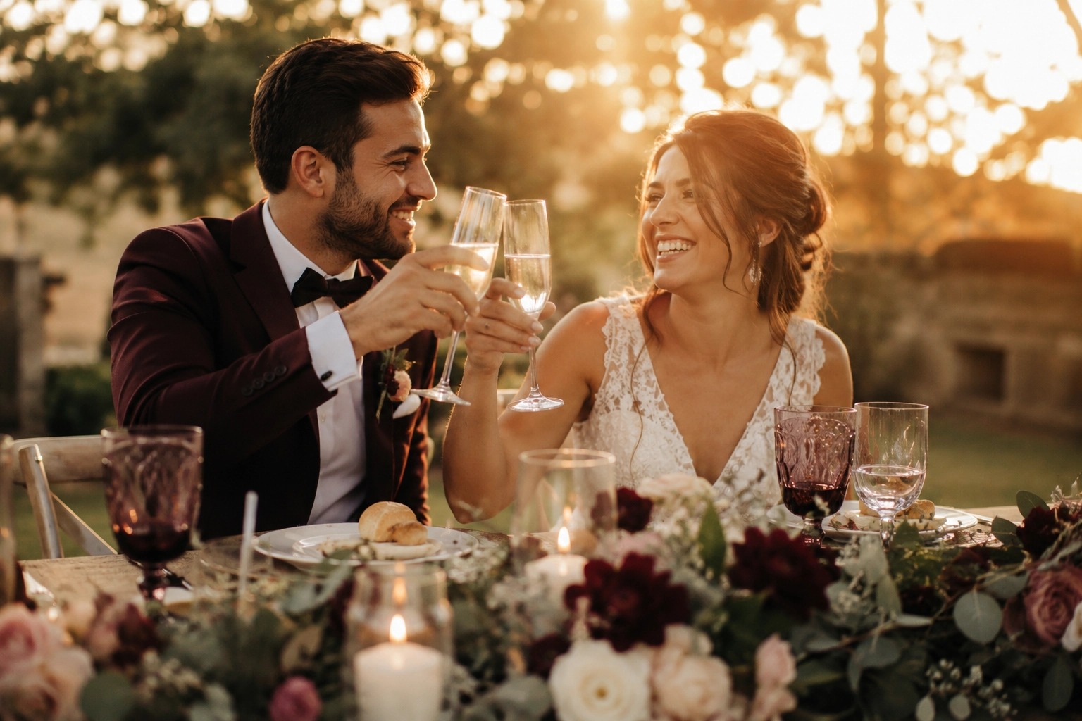 pareja de novios brindando y riendo el día de su boda durante el banquete