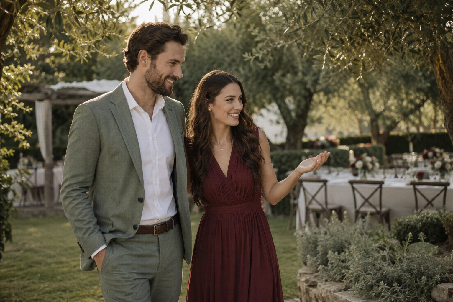 pareja visitando el jardín de una finca para celebrar su boda al atardecer