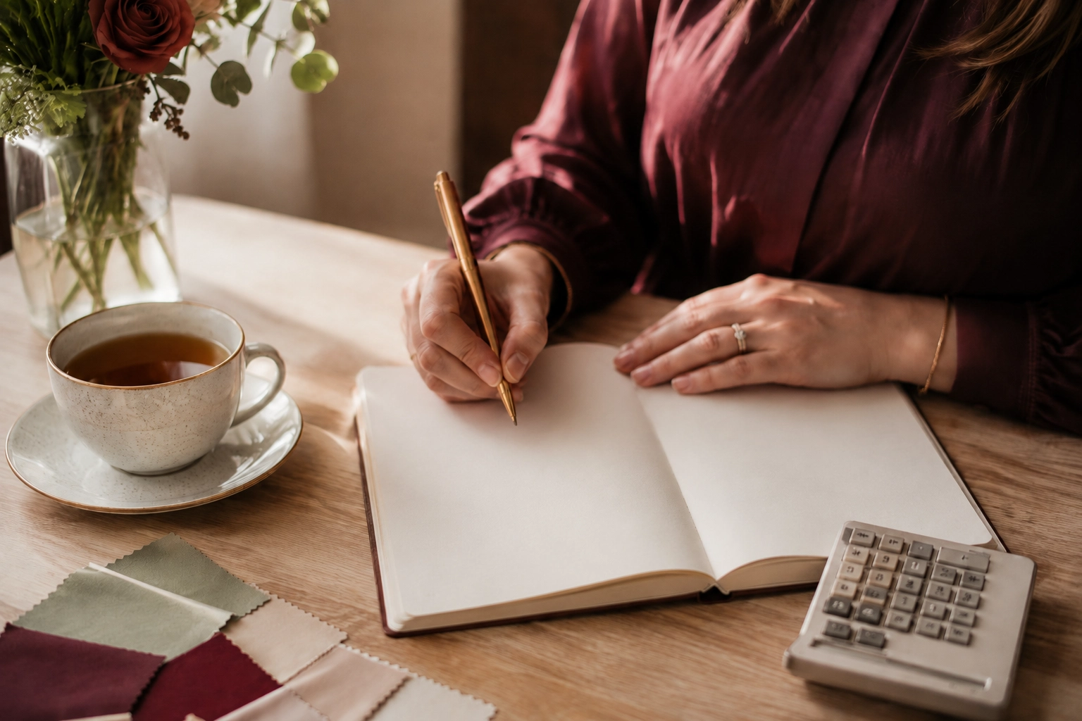 manos de una novia anotando el presupuesto de su boda en un cuaderno junto a una calculadora