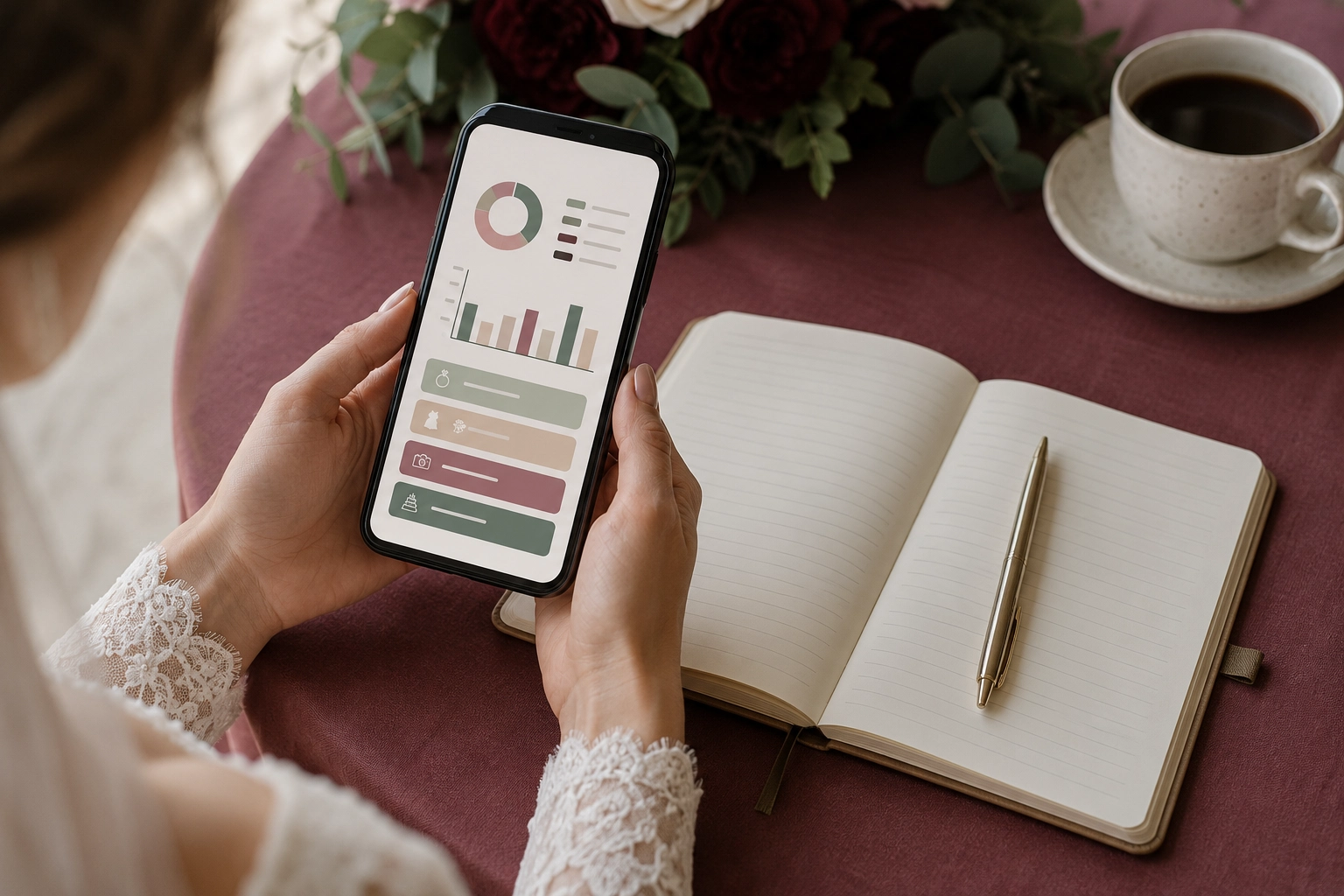 novia revisando en el móvil las cuentas de su boda con un cuaderno abierto al lado
