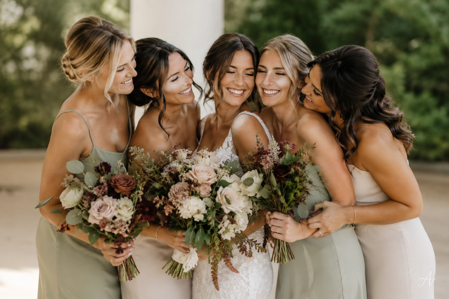 novia abrazada a su grupo de damas de honor, todas sonriendo en un momento natural