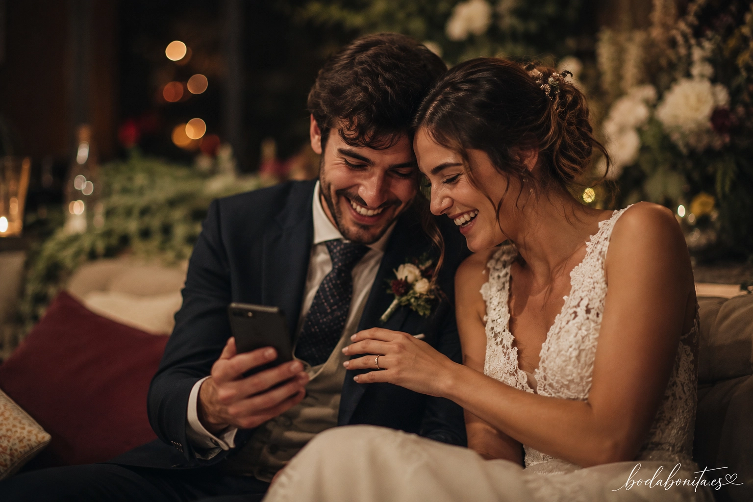 pareja de novios riendo mientras ven juntos las fotos de su boda en el móvil al día siguiente