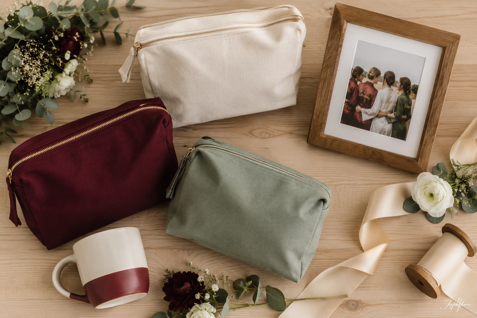 detalles personalizados para damas de honor sobre una mesa clara, con neceser, taza y marco de fotos