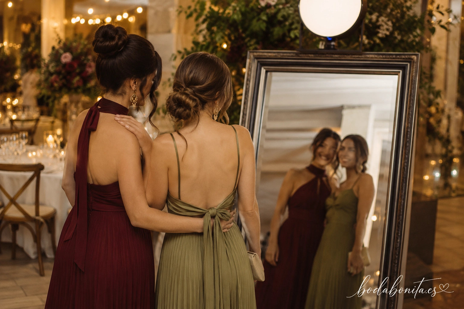 invitadas haciéndose fotos en un espejo mágico durante un banquete de boda elegante
