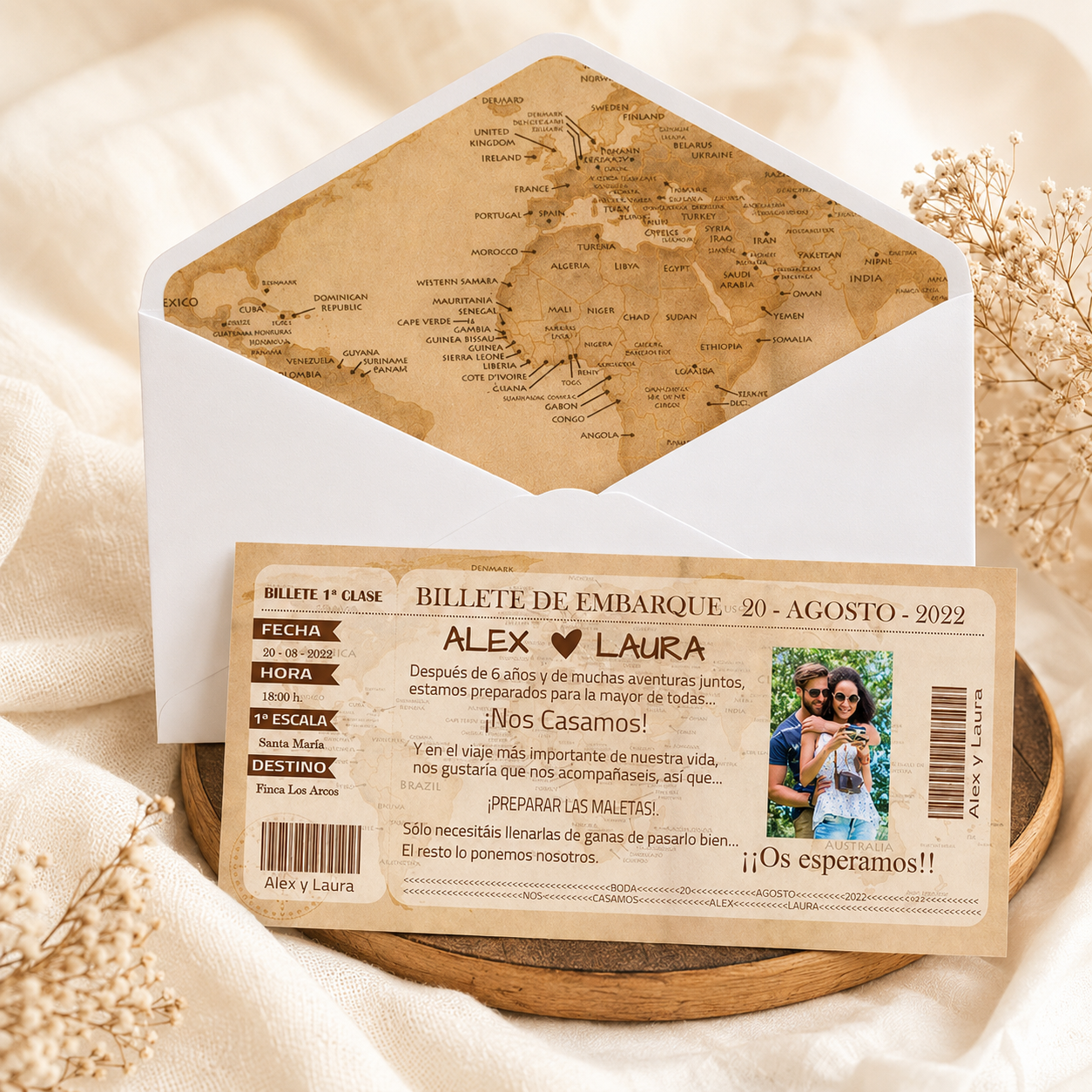 Invitación de boda billete de avión, original y barata