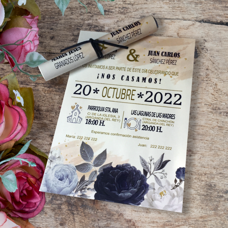 Invitación de boda pergamino con estuche, original y elegante