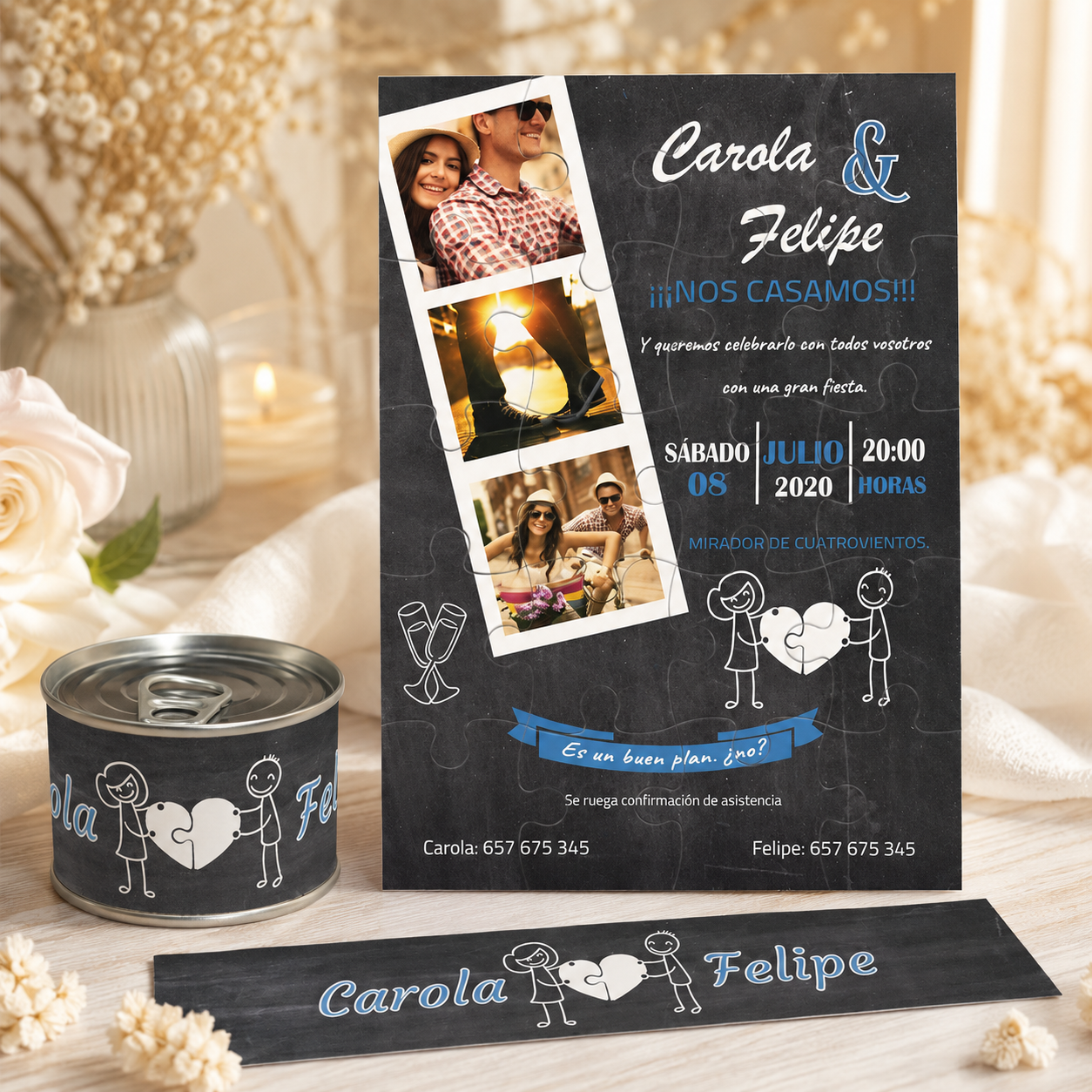 Invitación de boda puzzle en lata, original y divertida