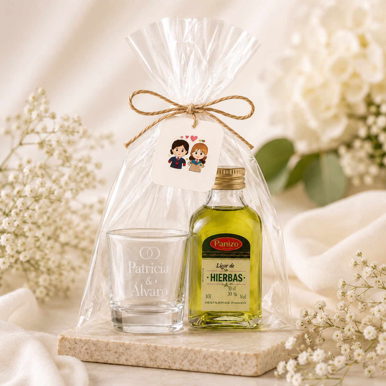 Chupito personalizado con licor de hierbas para invitados de boda