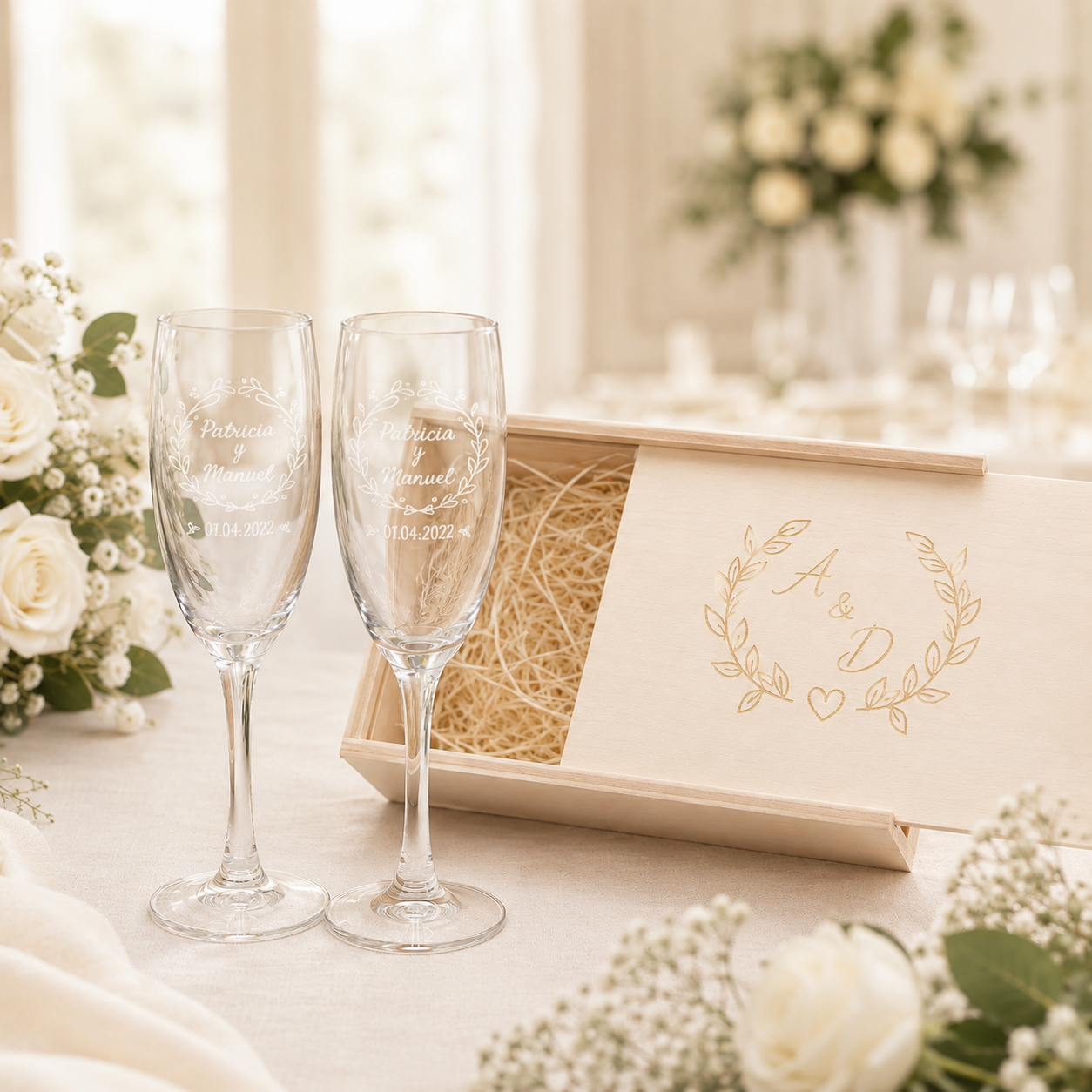 Copas personalizadas de boda con estuche a juego