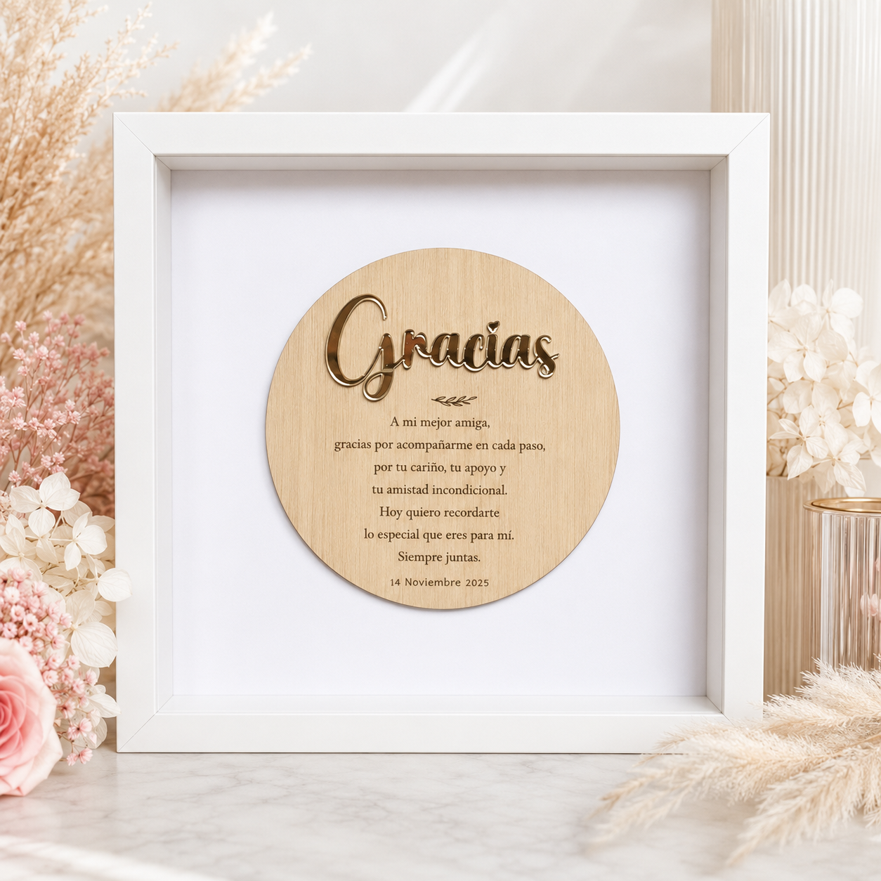 Placa de agradecimiento personalizada en madera con marco