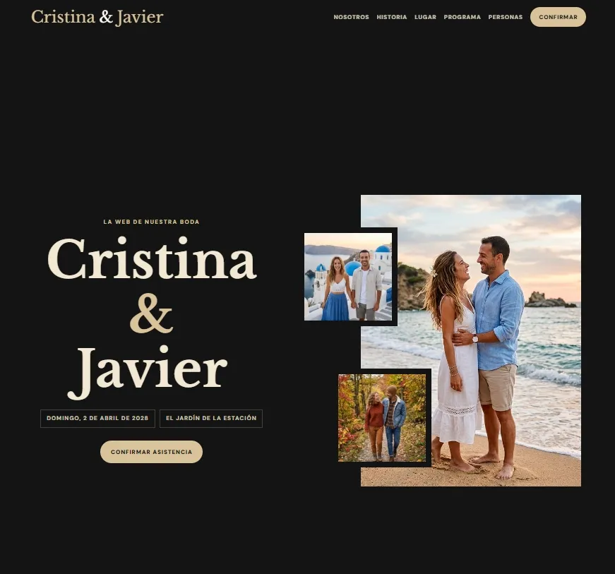 Plantilla Noir Champagne para web de boda